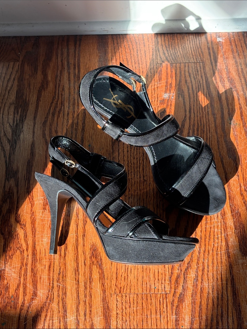 Saint Laurent Black Suede and patent leather accent Crisscross Strap Heels